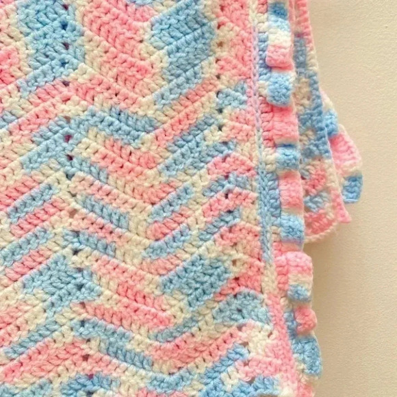 Vintage - Handmade Pastel Pink Blue White Crochet Baby Blanket - Picture 3 of 5